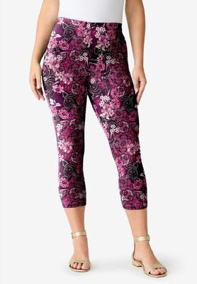 Plus Size Women's Plus Size Essential Stretch Capri Legging by Roaman's in Dark Berry Rose Paisley (Size 12) Activewear Workout Yoga Pants