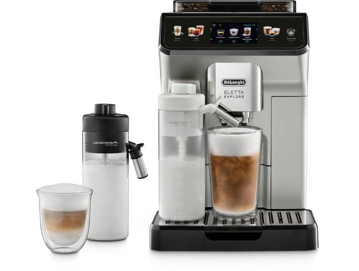 De'Longhi Kaffeevollautomat Eletta Explore ECAM450.55.S - 40 Rezepte, heißer & kalter Milchschaum, 3,5 Touch-Display, herausnehmbare Brühgruppe, einstellbarer Mahlgrad