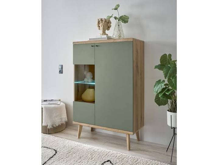 Lomadox Wohnzimmer Esszimmer Vitrine in Eiche mit grün Modern