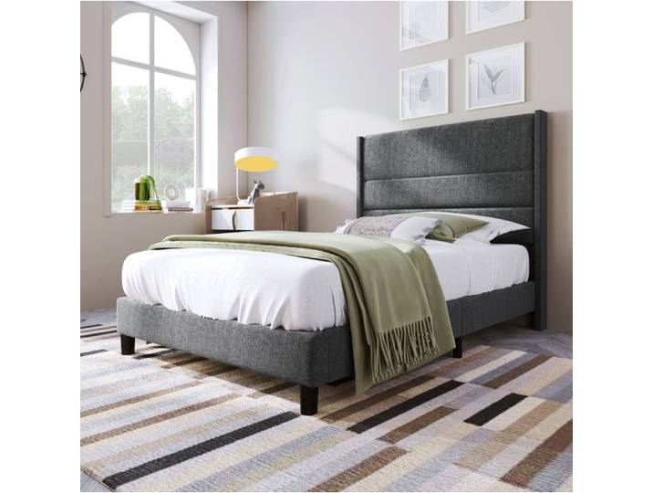Lit rembourré gris foncé 90 × 200 avec tête de lit design et sommier sans matelas