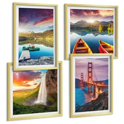 BILDER SET 4er Set - 50x50 cm & 40x60 cm Goldrahmen - Bergseen, Boote, Brücken