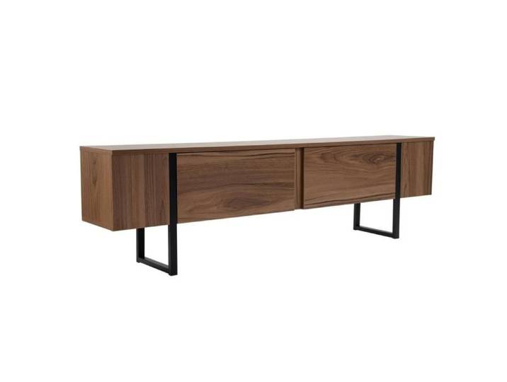 CALICOSY - Meuble TV 2 portes abattantes L180 cm - SERENITY - Noyer/ Noir