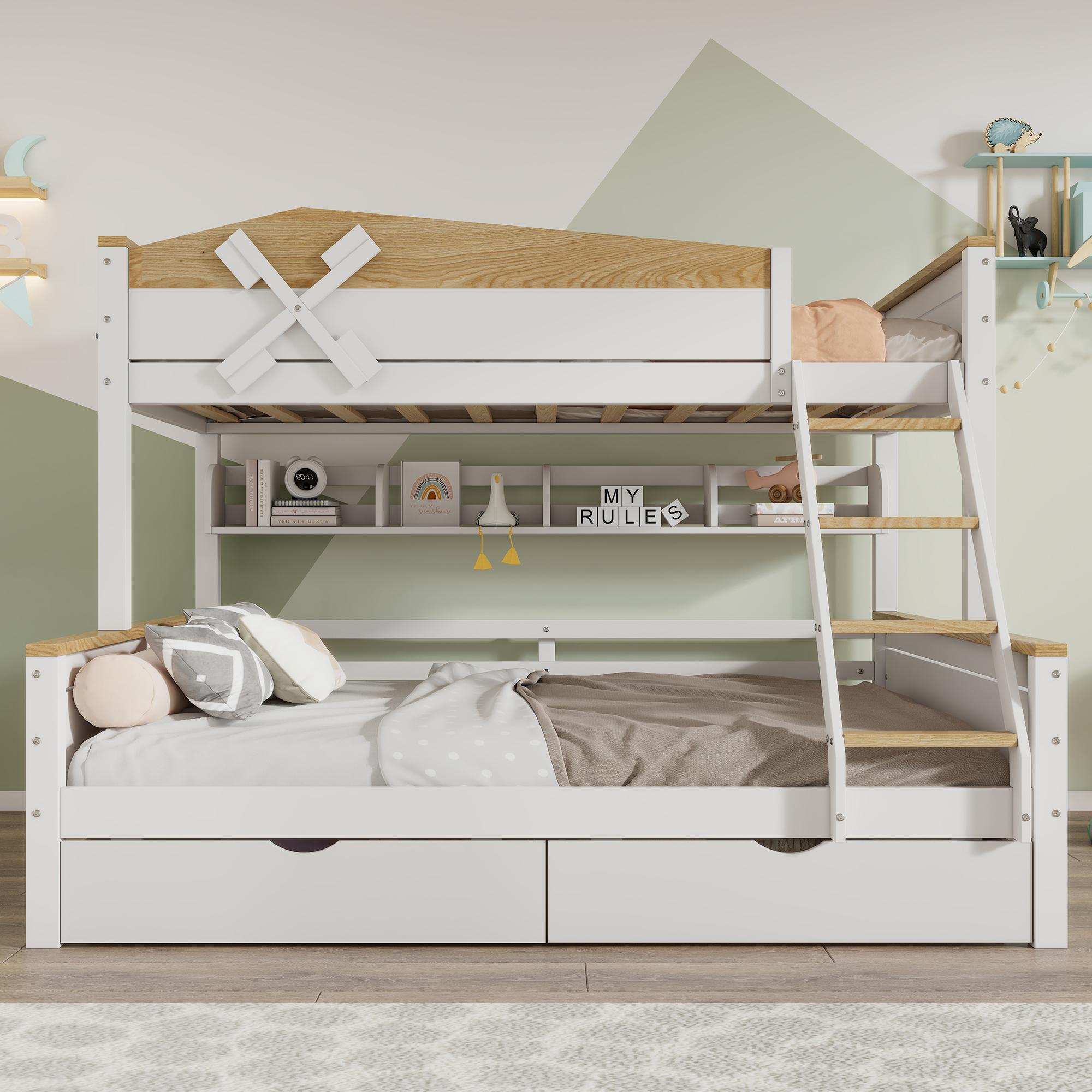 Sweiko Etagenbett mit Windmühle, mit Regalen, Kinderbett, mit farblich abgesetztem Fallschutzgitter, mit vierstufigen Schrägleiter und Schubladen, Kiefer+MDF, Weiß+Natur, 90x200cm&140x200cm