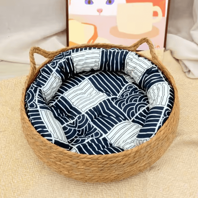 Inspire Curations Handwoven Rattan Cat Basket Bed With Soft Cushion blue Cushion 40cm