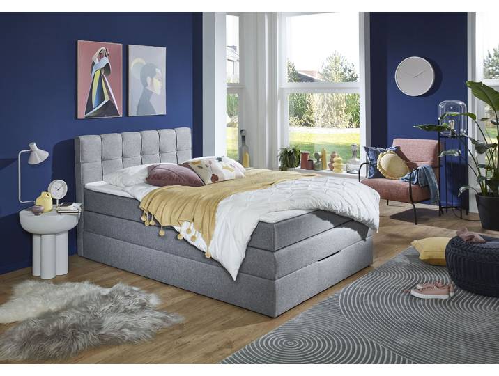 Boxspringbett, Flachgewebe, Hellgrau, 140×200 cm, Inkl. Topper & Bettkasten, Modern, Inosign