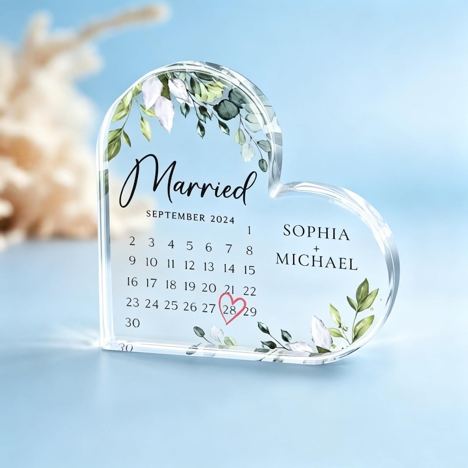 Hartvormige Acryl Bruiloft Kalender Plaque met Aangepaste Namen en Huwelijksdatum