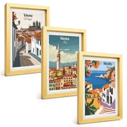 BILDER SET 3er Set - 20x30 cm Goldrahmen - Retro-Illustrationen von Weltstädten
