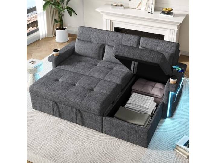 BTM L Form Ecksofa mit Schlaffunktion und LED-Beleuchtung Grau Wohnzimmersofa mit Stauraum, mit Getränkeablage