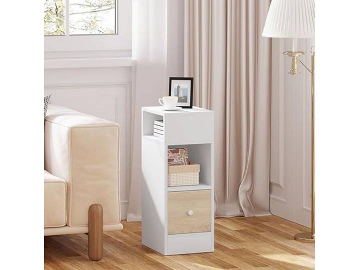 Chevet Étroite EUGAD 2 Compartiments Ouverts et 1 Tiroir Table de Nuit en Aggloméré Blanc+Chêne Clair
