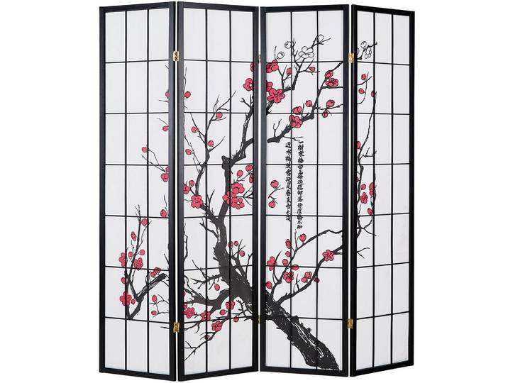 Homestyle4u Paravent 4-tlg. 176/175 cm Schwarz Kirschmuster, Holz, 176x179x2 cm, Wohnzimmer, Raumteiler, Paravents