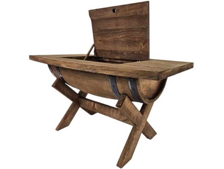 kadamahu Couchtisch aus halbem Holzfass mit Klappdeckel und Stauraum Vollständig montiert und nach dem Auspacken einsatzbereit; Beistelltisch mit ebener Platte, Wenge, 80 × 50 × 44,5 cm, 13 kg