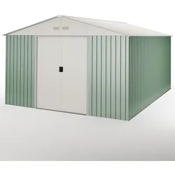 Hoggar - Metall Gartenhaus 15,5 m2 Anjala – 4 Entlüftungsgitter gegen Kondensation – Grün und Beige - Doppelschiebetür – Satteldach - Metallgerätehaus