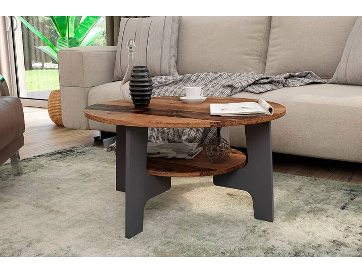 Table basse Torrobla ronde Ø 80cm Marron/Imitation bois ancien/Anthracite