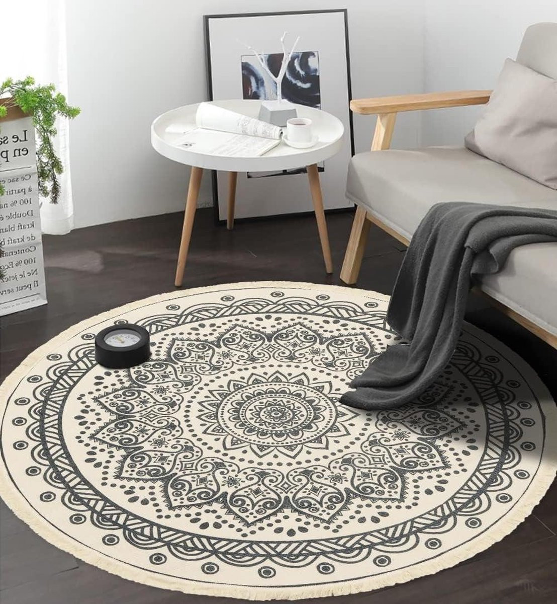 Mandala rond tapijt crème - Katoenen Bohemian Marokkaans vintage vloerkleed - Diameter: 120 cm