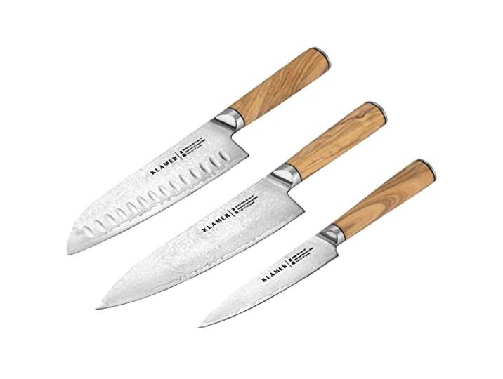 KLAMER Premium Damastmesser 3er Messerset, japanischer Damaszener Stahl Die 67 Lagen mit 61 HRC bleiben ultrascharf, im 13-Grad-Schnittwinkel schneiden sie Fleisch, Fisch, Obst und Gemüse mühelos