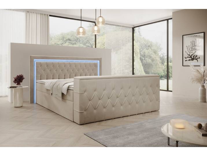 PROMETO Möbel Boxspringbett Doppelbett 180x200cm mit Matratze, Bettkasten TV-Lift LED Beleuchtung