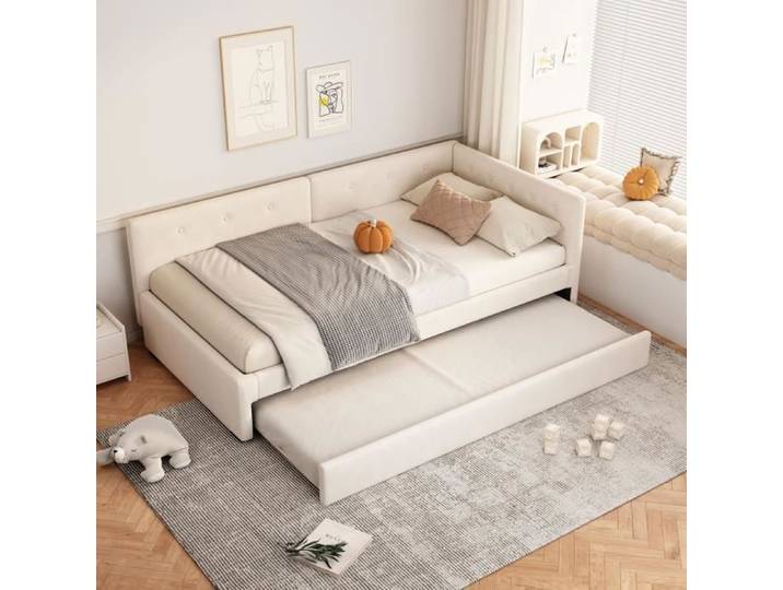 Lit gigogne - Canapé-lit - 90x200cm + 90x190cm - Velours beige - 2/3 places - A lattes