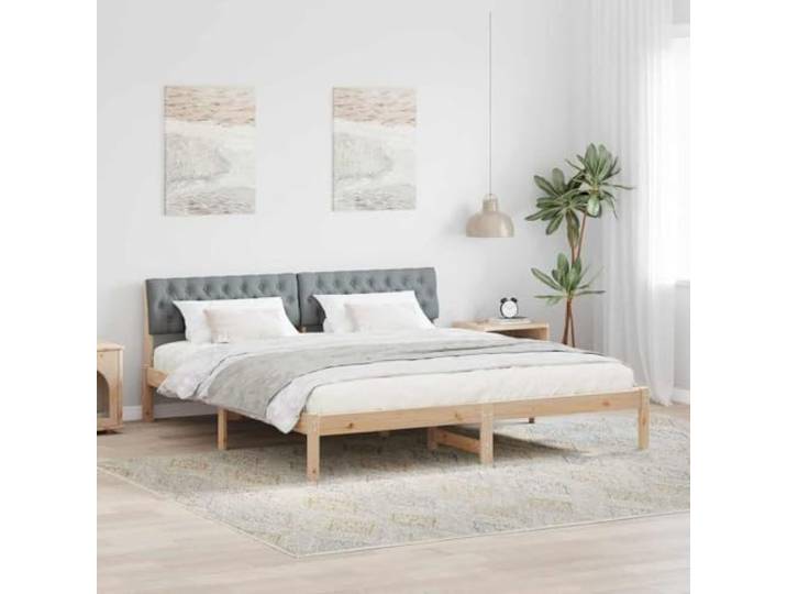 Massivholz Kiefer modernes Design Plattformbett 180 x 200 cm Braun Massivholz Bettgestell Braun Hellgrau 180x200 Kiefernholz Bett mit Polster Kopfteil Lattenrost Stabil Schlafzimmer Möbel