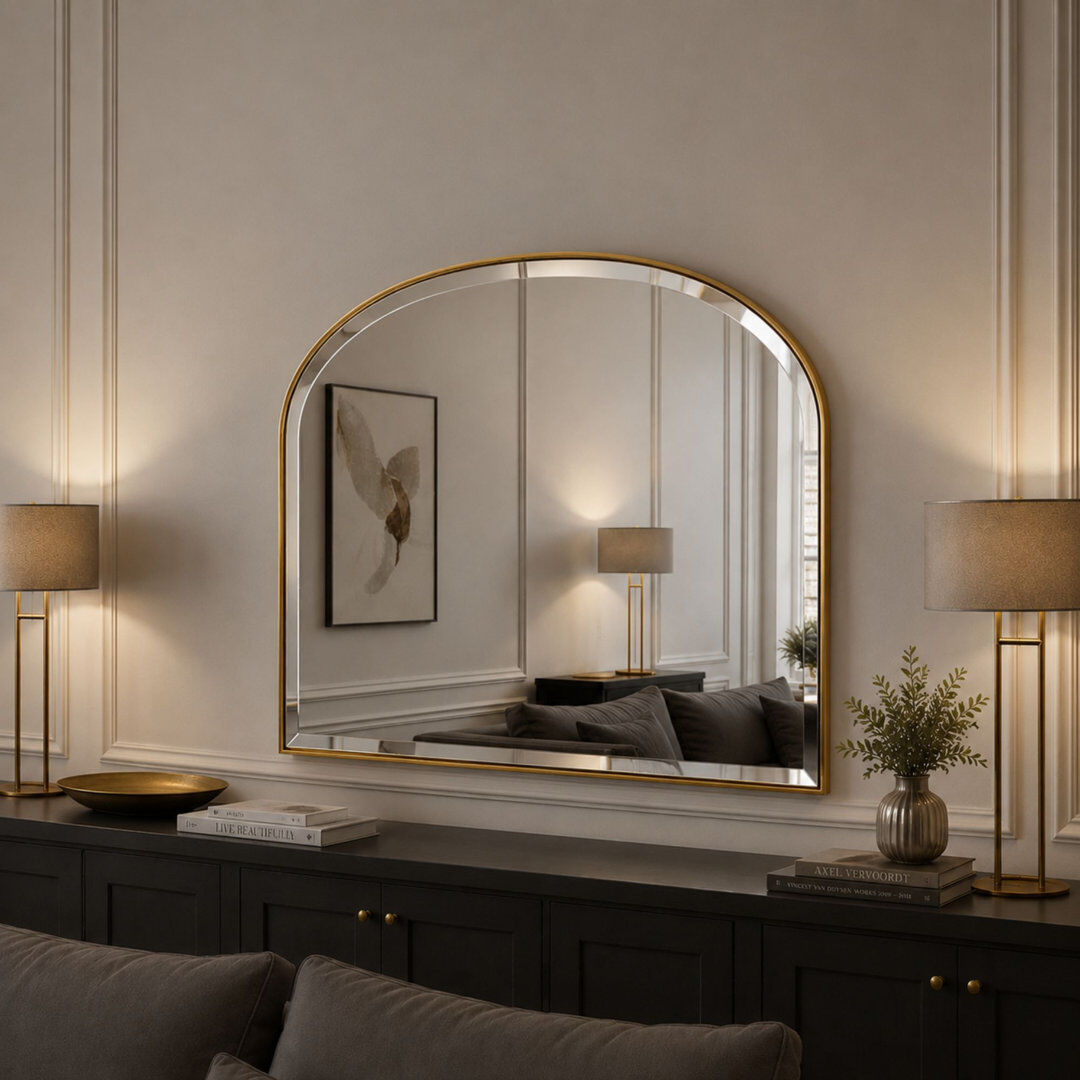 Mercury Drumourne Simple Arched Overmantle Mirror Gold 70.5cm H X 92.5cm W X 2cm D