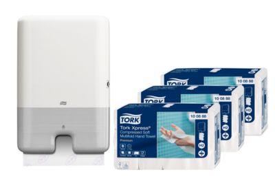 Sparset Falthandtücher Tork® Xpress® Compressed 100888, 2-lagig, 6120 Tücher, weiß + Xpress® Multifold-Handtuchspender ImageLine 552000, weiß