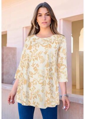 Plus Size Women's Plus Size Ultimate Three Quarter Sleeve Swing Tee by Roaman's in White Wildflowers (Size 12) Shirt