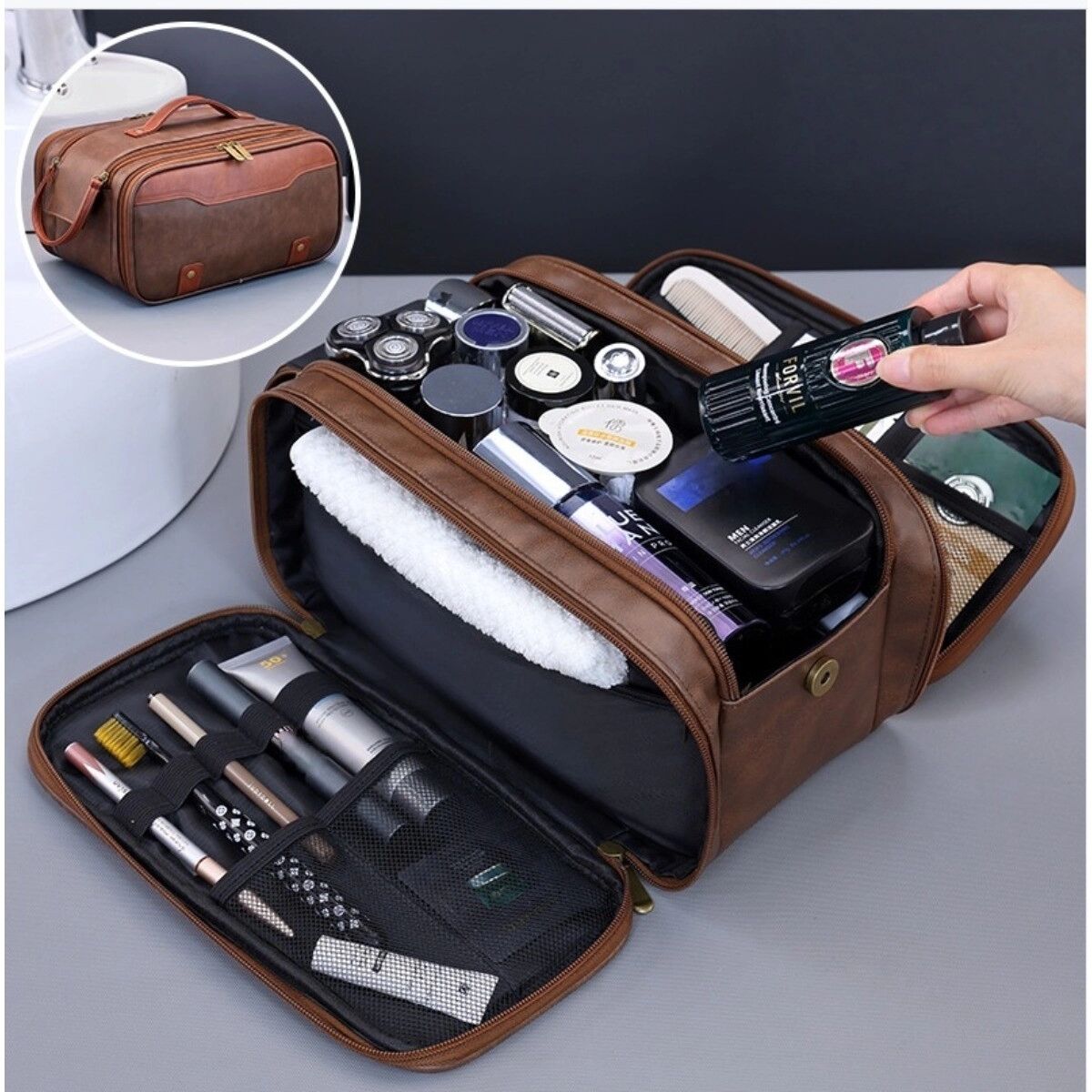 INF Vintage Colorblock Herren Kulturbeutel – PU + Polyester, Dreiteilig, Neun-Fächer, Große Kapazität Reise-Organizer Kaffee