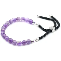 925 Silver Plated Gemstone Black String Bracelet - Amethyst