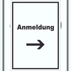 HB-Druck Anmeldung Aufkleber mit Text und Richtungspfeil rechts Aufnahme hochkant A0 (841x1189mm)