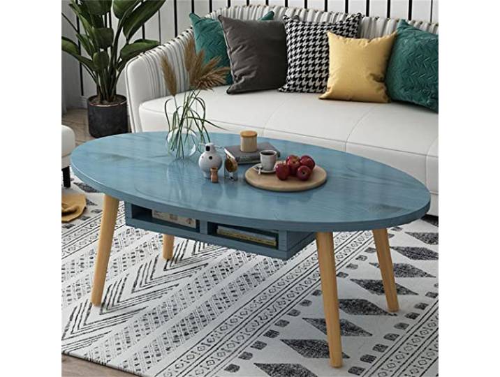 ZXFDM Ovaler Couchtisch,Nordic Apartment Wood Low Table,Kreativer Couchtisch mit offenen Schubladen,Möbel im schlichten Design, Teetisch, Akzent-Beistelltisch, Sofatisch,Blau,80×40×43cm