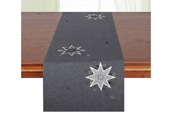 Tischläufer DELINDO LIFESTYLE Weihnachtssterne Gr. 1, grau (anthrazit), B:40cm L:140cm, Polyester, Tischdecken, Tischläufer, Glattes Gewebe, bestickt