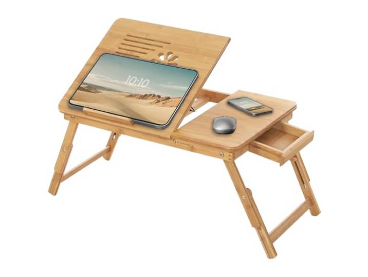 SONGMICS Table de Lit Pliable\, Angle et Hauteur Réglables\, 55 x 35 cm Table pour Ordinateur Portable Jusqu’à 15\,6 Pouces\, en Bambou\, avec Tiroir\, Bambou Clair\, BAMBOU\, LLD002