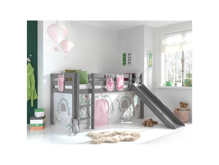 Spielbett Birdy 90 x 200cm Grau/Kiefer Grau mit Taschen/mit Rutsche/mit Leiter