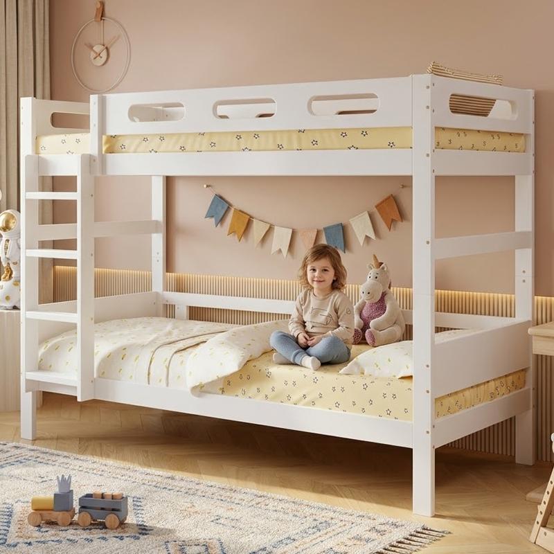 Etagenbett 90x200 cm Weiß aus Kiefer, MDF, Sperrholz mit Leiter und Absturzsicherung für Kinderzimmer