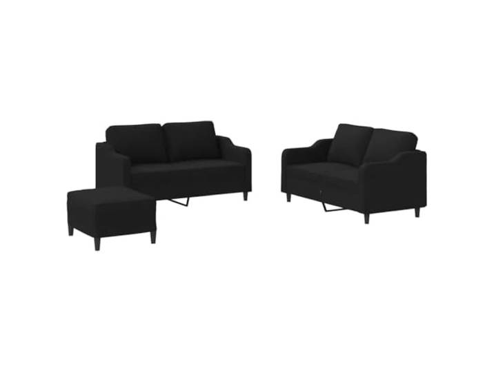KUTYWEXFM 3-tlg Sofagarnitur mit Hocker & Kissen Schwarz Stoff Gemütliches Polstermöbel Set für Wohnzimmer und Gästezimmer, inklusive Fußhocker, Kissen und stabilem Metallgestell.