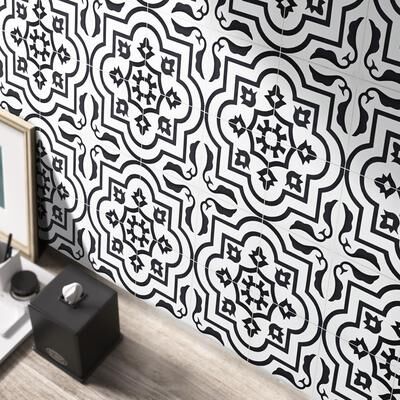 Moroccan Mosaic & Tile House Taza Handmade Cement Tile, 8x8, White/Black