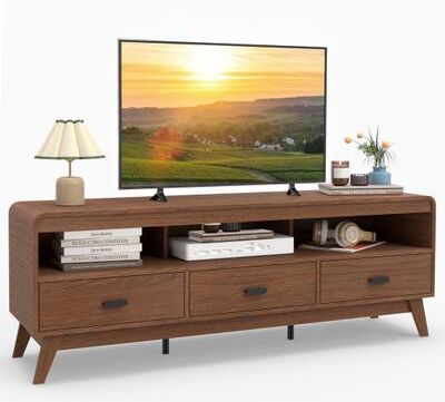 "Costway Mid Century Modern TV Stand for TVs up to 70"" with 3 Storage Drawers and Open Shelves-Walnut"