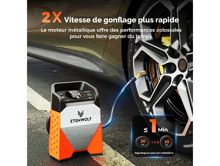 [73,99 € après promotion]ETENWOLF ZEPHYR S3 Gonfleur de pneus portable, compresseur d'air, cycle de service à 100 %, pompe à air 160 PSI - Orange vif
