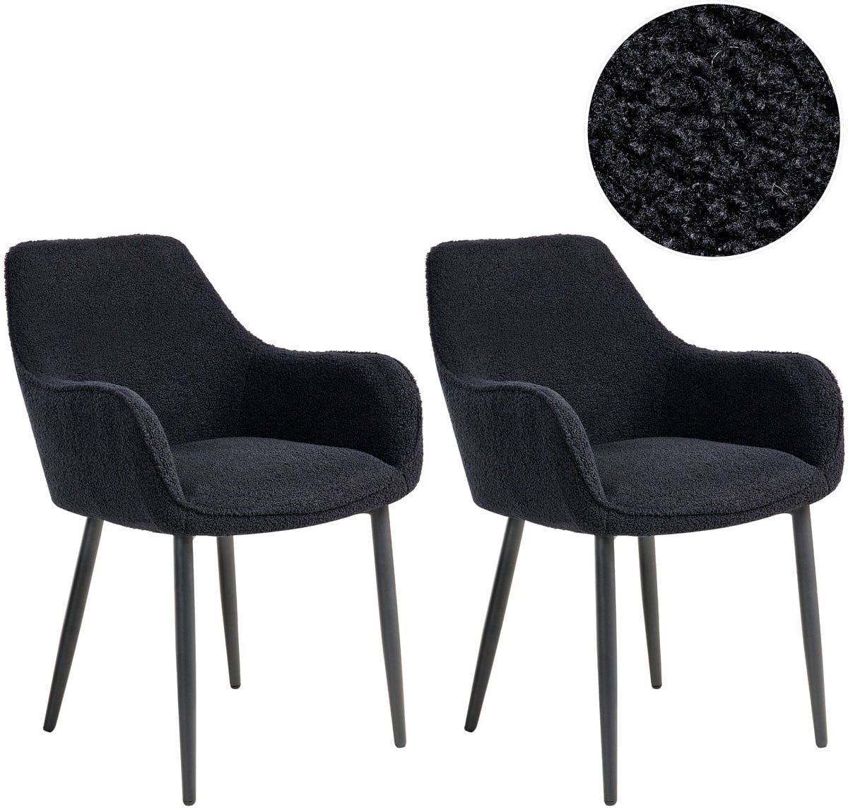 Alden Set van 2 moderne eetkamerstoelen met armleuningen en bouclé bekleding - Zwart