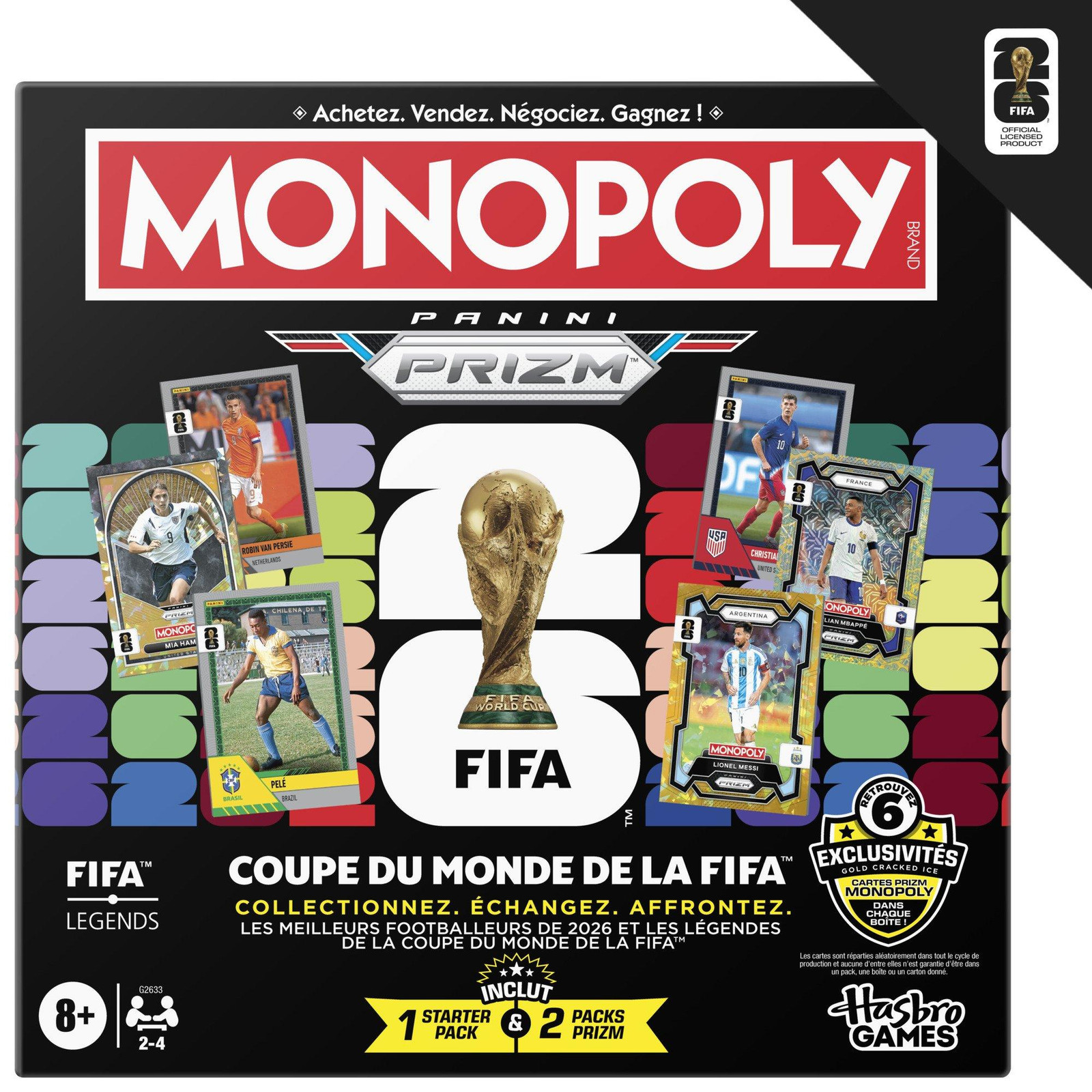 Monopoly FIFA World Cup 2026 bordspel met Panini Prizm FIFA World Cup 2026 kaart booster pack voor 8 jaar en ouder