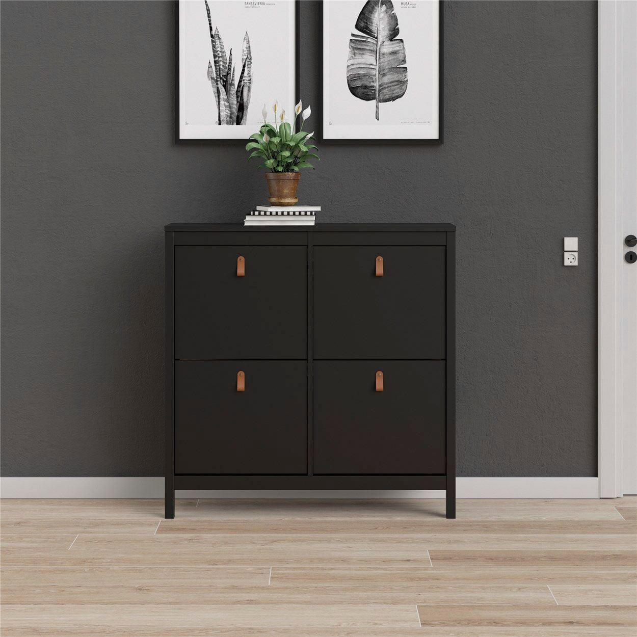 Schuhschrank HOME AFFAIRE "Madrid, Schuhaufbewahrung mit Griffen, skandinavisches Design", schwarz, B:102,4cm H:102,9cm T:24,6cm, Holzwerkstoff, Schränke, Schuhschrank, Mit 4 Klappen, jeweils 2 Böden, B: 102 cm, H: 103 cm, Zwei Griffarten