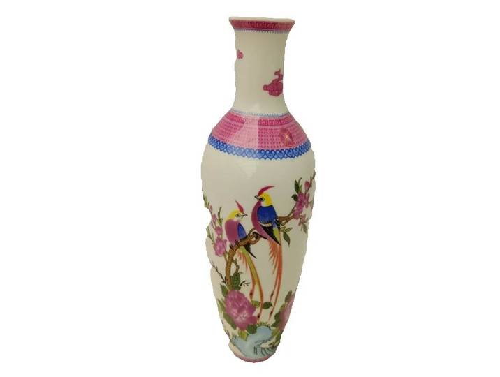 Chine vieille porcelaine rose avec motifs d'oiseaux floraux et inscriptions Vase Guanyin objets de collection antiques