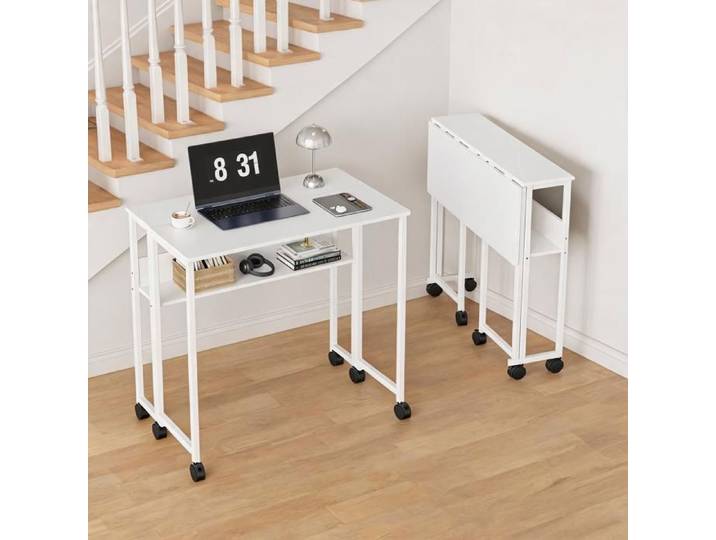 Bureau pliant 3 en 1 – Étagère intégrée roulettes – Table ordinateur compacte – Parfait pour petits espaces – 63×50×75 cm –Blanc