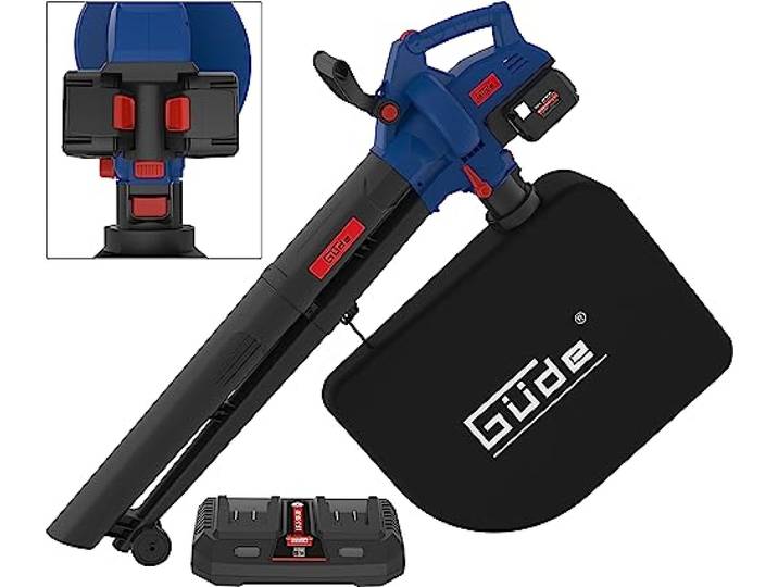 Güde Akku Laubsauger LS 36-302-30 (36 V, Saugfunktion 480 m³/h, Blasfunktion 230 km/h, VarioSpeed, Häckselfunktion-Rate 8:1, 45 l Laubfangsack, Rollen, inkl. 2X 18 V je 3,0 Ah & Doppelladegerät)