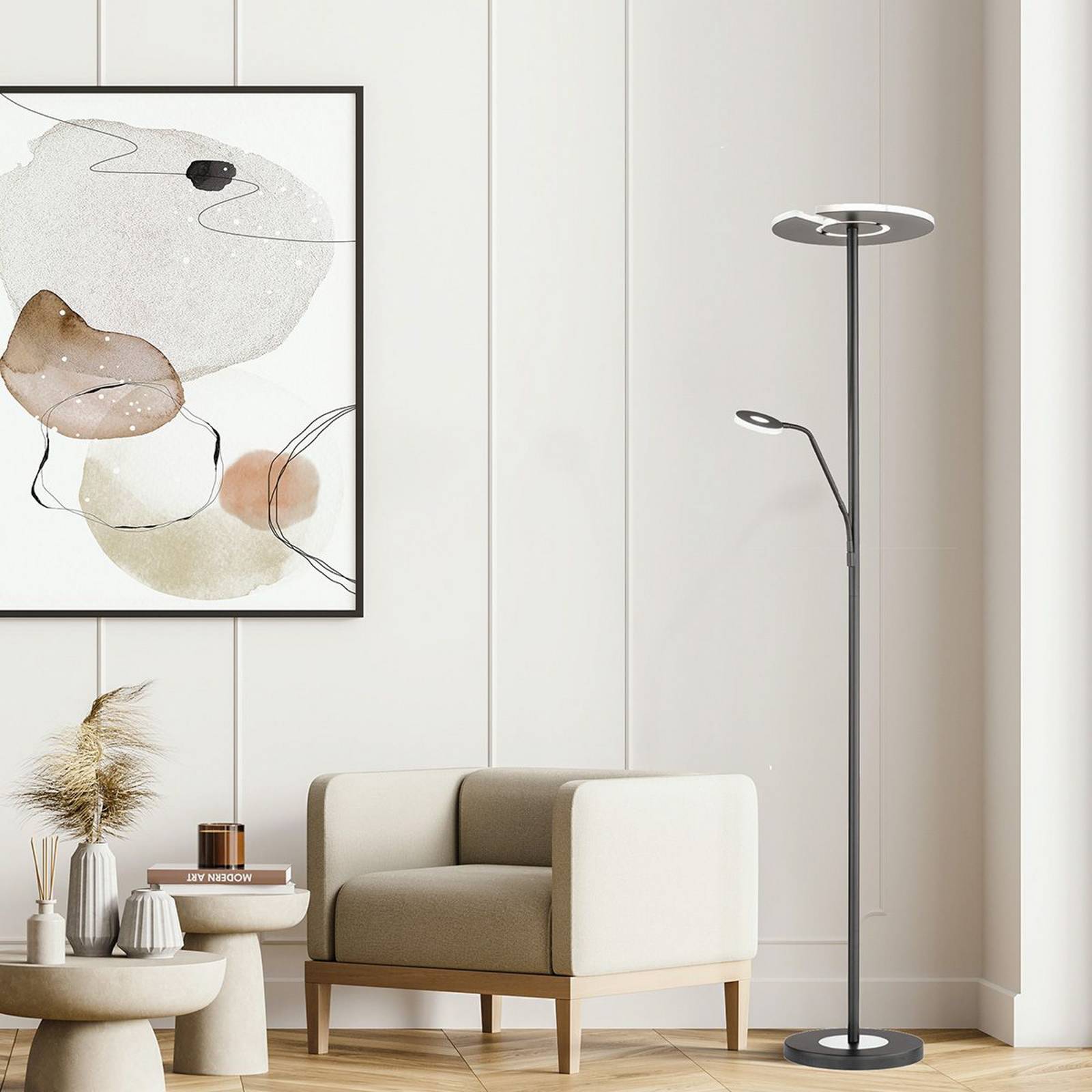 FISCHER & HONSEL LED Deckenfluter Dent, dimmbar, schwarz, für Wohn- / Esszimmer, Metall, Modern, LED Stehlampe