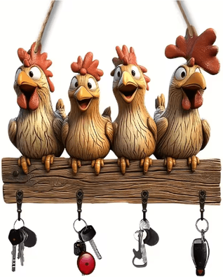 Inspire Picks Farmhouse Hen Wooden Key Holder Wall Mount With Rustic Hooks 1pc