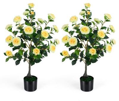 Costway 2-Pack Artificial Camellia Tree Faux Flower Plant in Cement-Filled Pot-Yellow