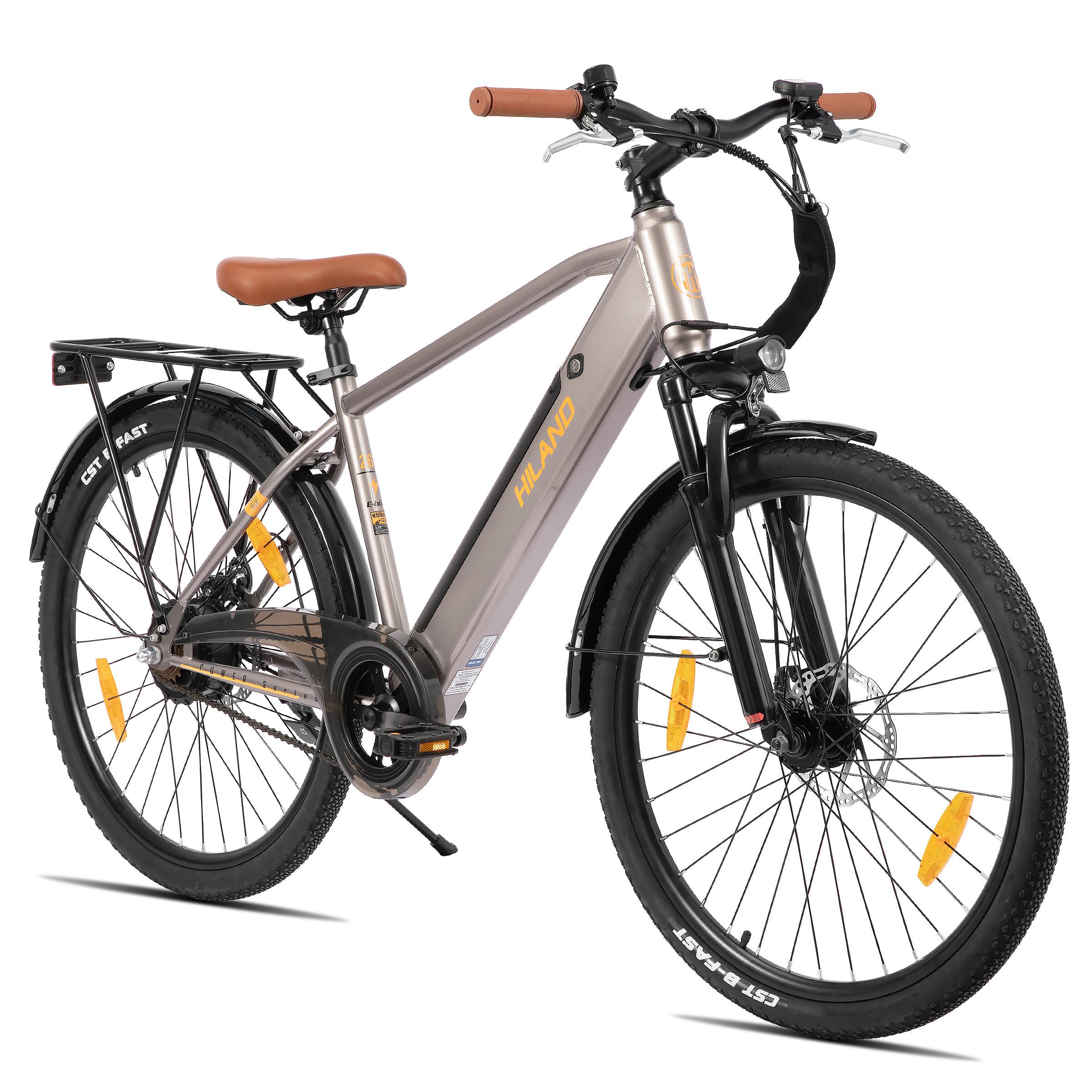 Hiland 26 Zoll 250W Elektro-Mountainbike, 36V 7.8Ah Akku, Elektrofahrrad für Männer Frauen mit Lampe, Gepäckträger, Stoßdämpfende Vorderradgabel, Grau