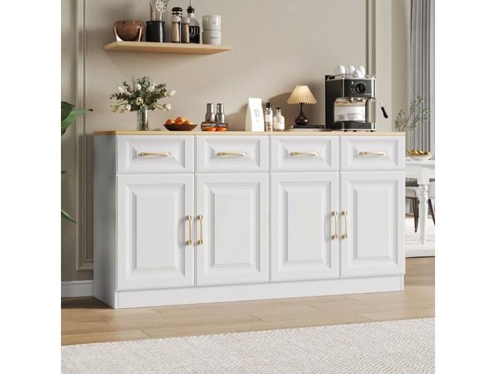 Buffet campagnard moderne blanc 140cm - 4 tiroirs 4 portes - meuble bar café - rangement élégant fonctionnel