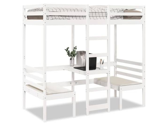 RJPLMFV Hochbett, Weiß, 90 x 190 cm, massives Kiefernholz, mit Schreibtisch Mit integrierter Leiter, Sicherheitsschutz, Lattenrost, 2 Stühlen inklusive