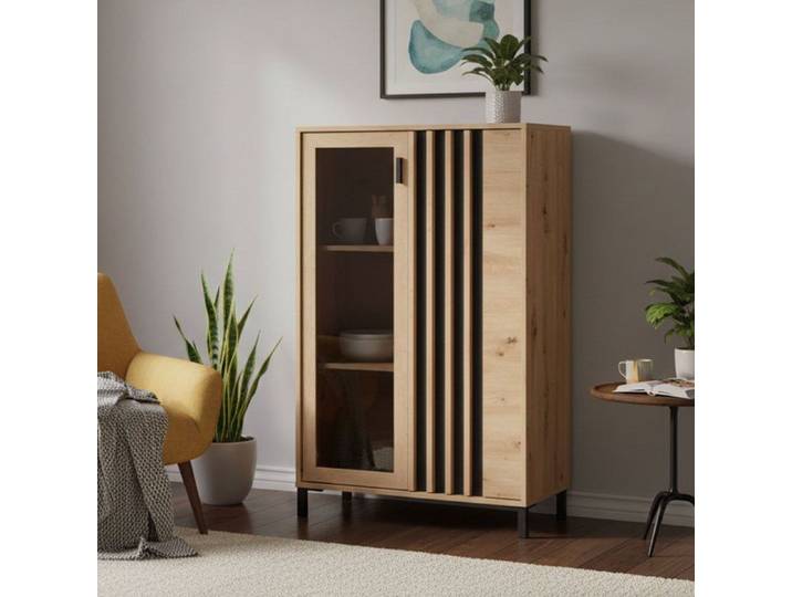 Vitrine Grimani Dmora en Bois Noble Chêne Brun Nœuds 80x40x128.5h cm